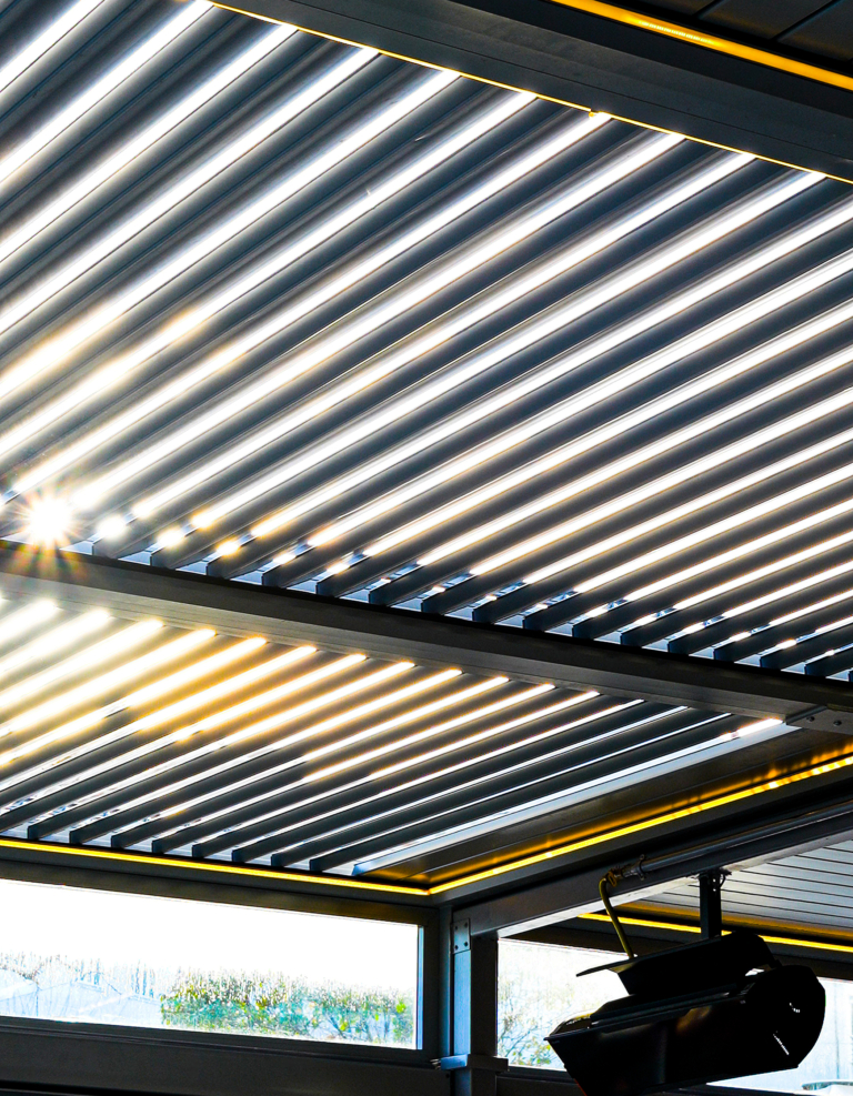 Skytech Bio aluminum pergola installed over an outdoor seating area